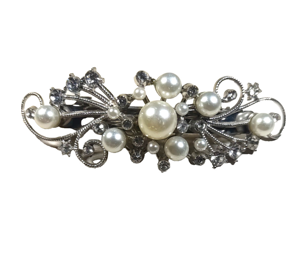 Star Dancer Hair Barrette Tension Clip Faux Pearl Silver Tone Rhinestone Prom...